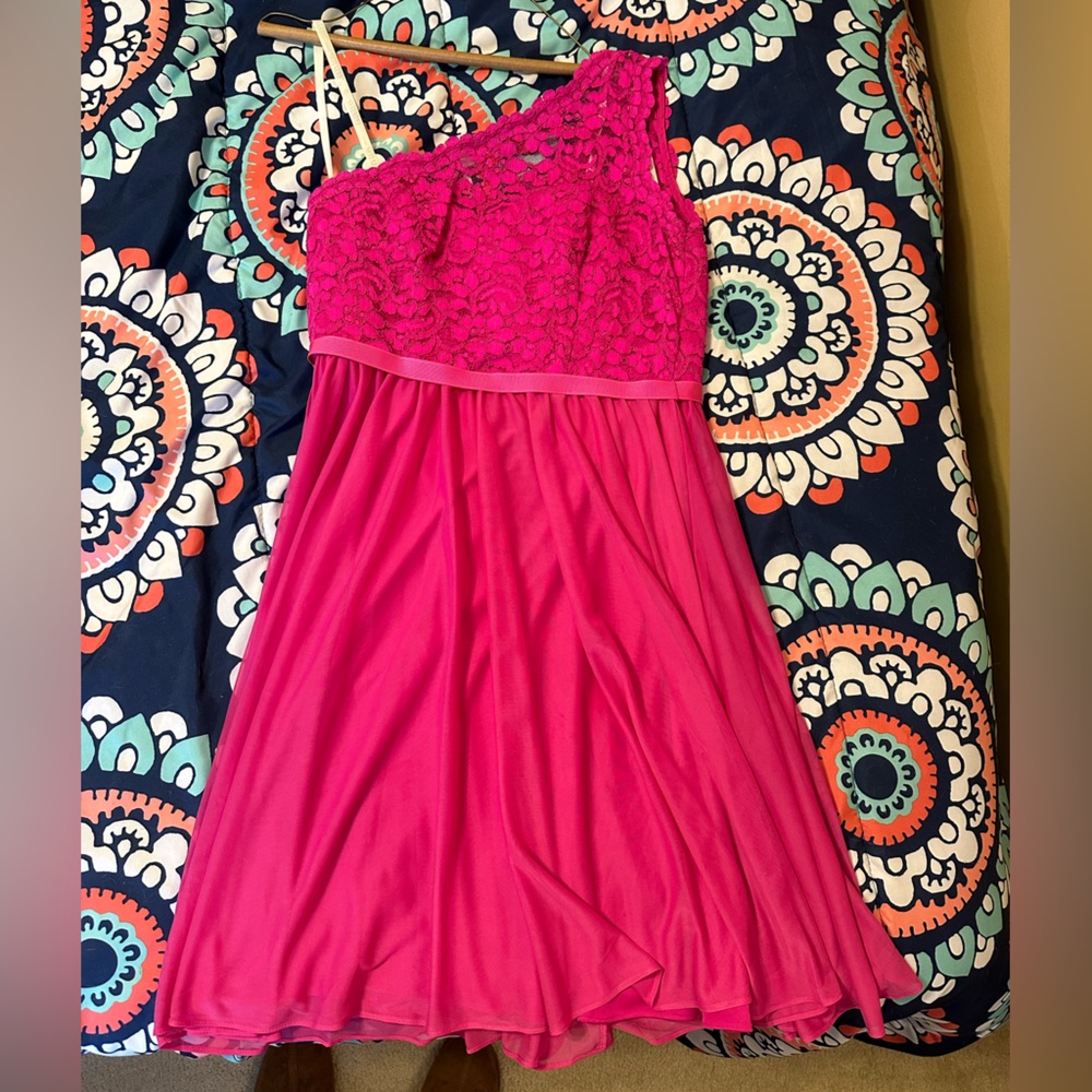 David’s Bridal, begonia, short, one shoulder bridesmaids dress, size 6